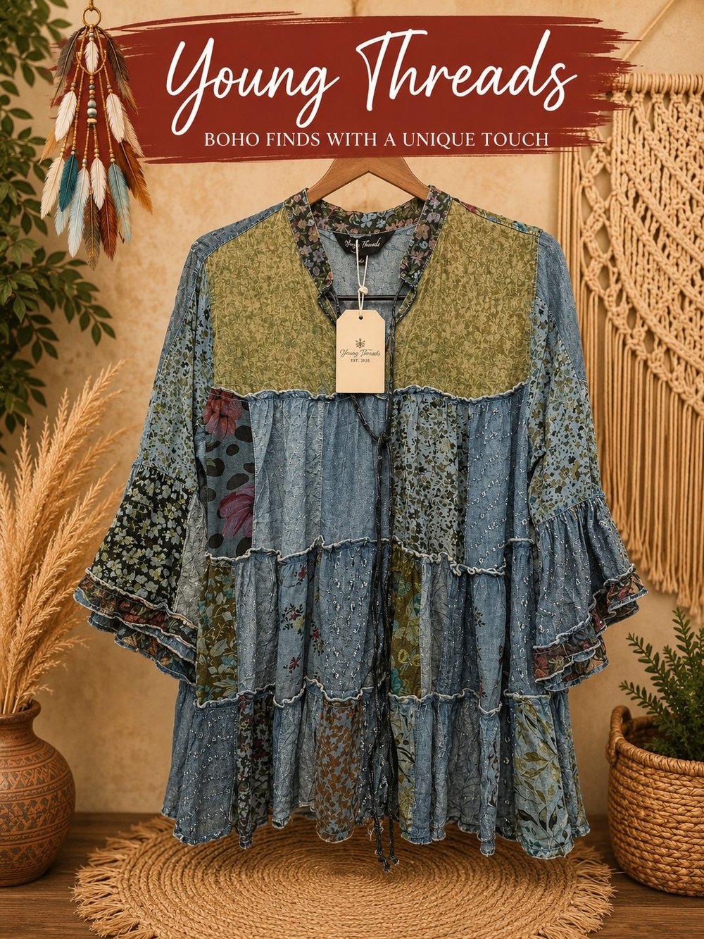 213 Young Threads Women's Blue & Olive Patchwork Boho Tunic